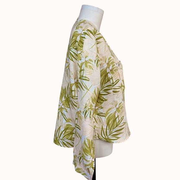 C&C California 100% Linen Tropical Botanical Print Buttons Roll Sleeve Blouse L - Picture 3 of 15
